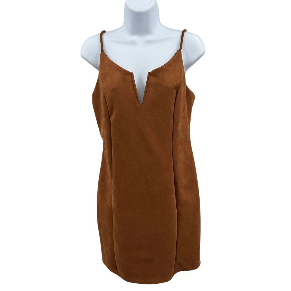 IRIS Bodycon Mini Dress WMNS L Brown Faux Suede Plunge V-Neck Adjustable Straps